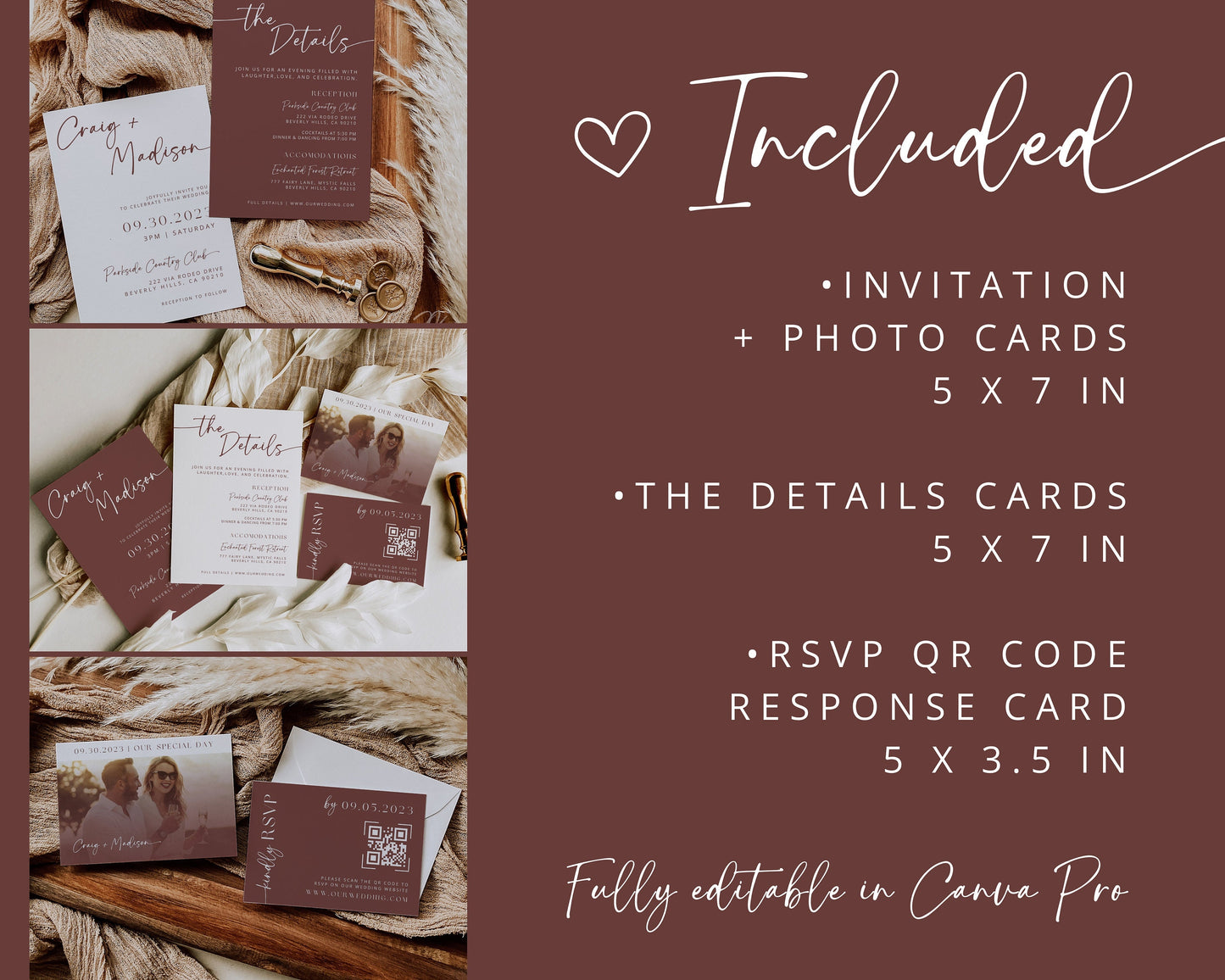Plum Wine Wedding Invitation Suite | Modern Editable Template with RSVP QR Code | DIY Printable Wedding Set | Purple Wedding | Burgundy Boho