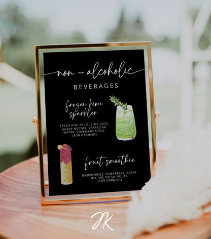 BLACK Signature Cocktail Sign | Bar Menu Template | Modern Drink Menu | Editable Boho Style Wedding | Non Alcoholic Beverages Menu DIY