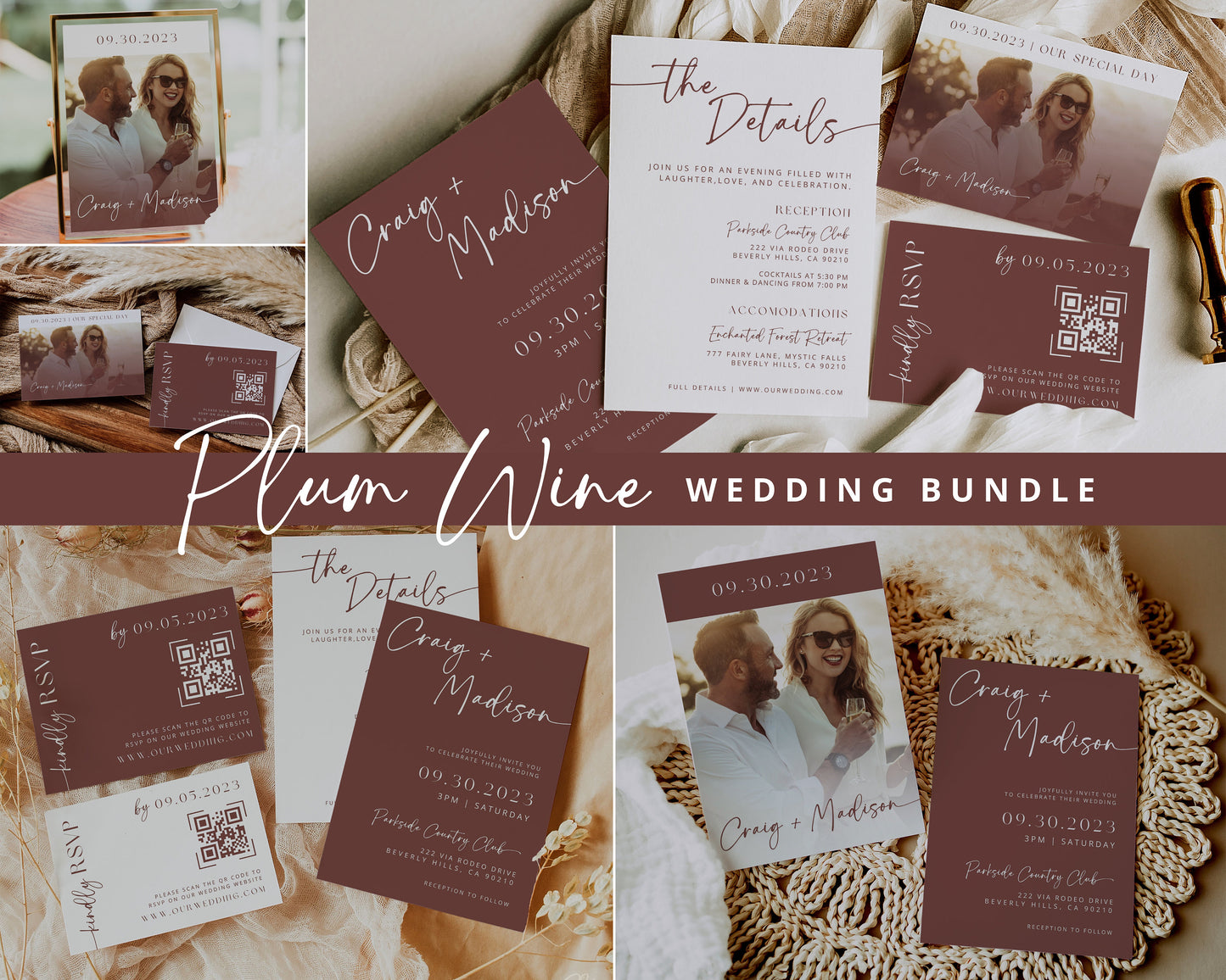 Plum Wine Wedding Invitation Suite | Modern Editable Template with RSVP QR Code | DIY Printable Wedding Set | Purple Wedding | Burgundy Boho