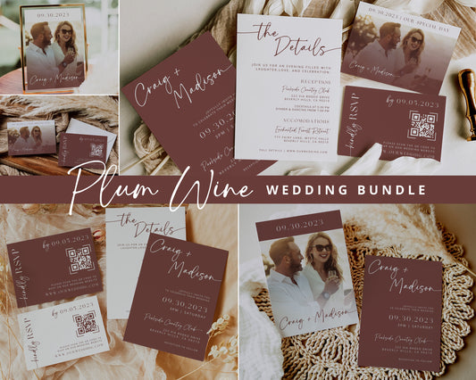 Plum Wine Wedding Invitation Suite | Modern Editable Template with RSVP QR Code | DIY Printable Wedding Set | Purple Wedding | Burgundy Boho