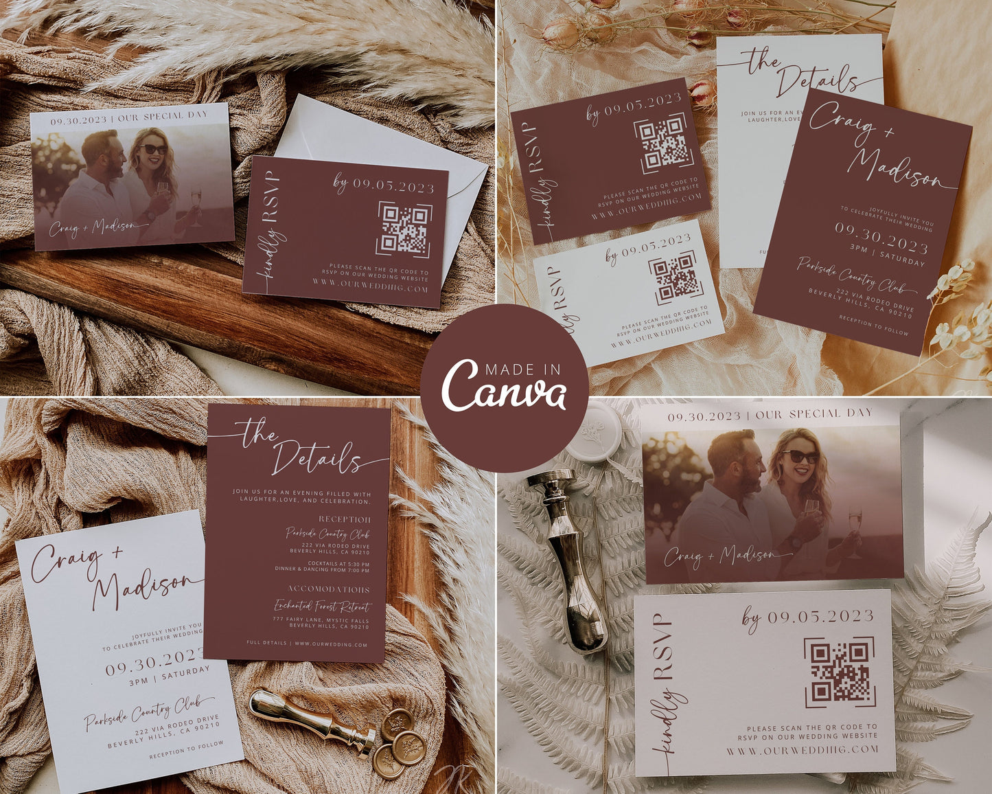 Plum Wine Wedding Invitation Suite | Modern Editable Template with RSVP QR Code | DIY Printable Wedding Set | Purple Wedding | Burgundy Boho