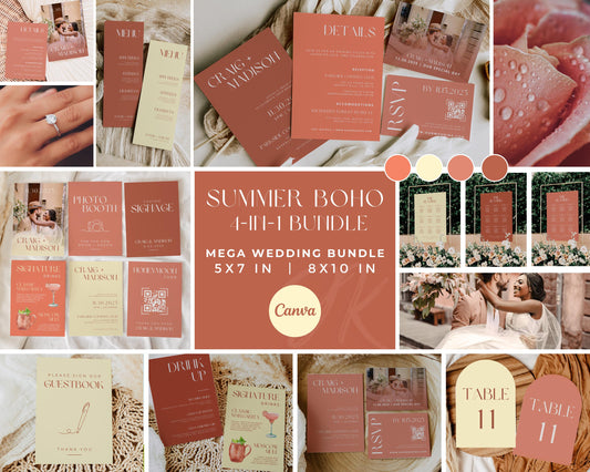 SUMMER Boho Wedding Decor Sign Mega Bundle | 4-in-1 DIY Wedding Cards | Editable Canva | Signature Drinks Invites | CUSTOMIZATION Available