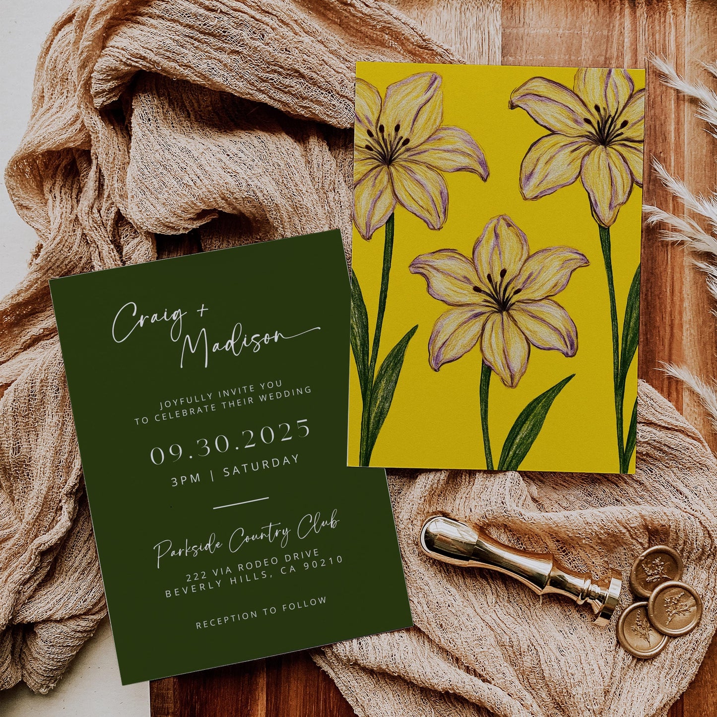 Summer Iris in Bloom Wedding Invites | Oscar De La Inspired | Yellow Floral Bridal Signage DIY | Luxury Wedding | Elegant Canva Invitation