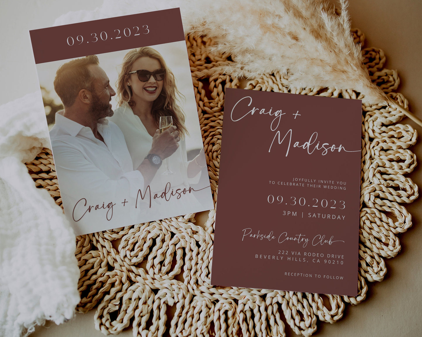 Plum Wine Wedding Invitation Suite | Modern Editable Template with RSVP QR Code | DIY Printable Wedding Set | Purple Wedding | Burgundy Boho