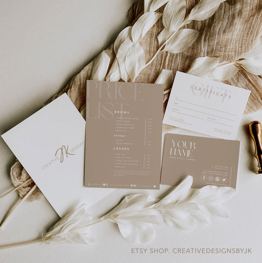 Boho Business Bundle | All-in-One Small Business | Boho Canva PRO Templates, DIY Cards, Price List, and Gift Certificates | Boho Beige White