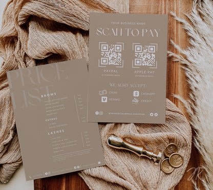 Boho Small Business Price List and Scan to Pay Bundle | Boho Minimalist DIY | Boho Printable | Salon Accept Payments |  Craft Fair Templates