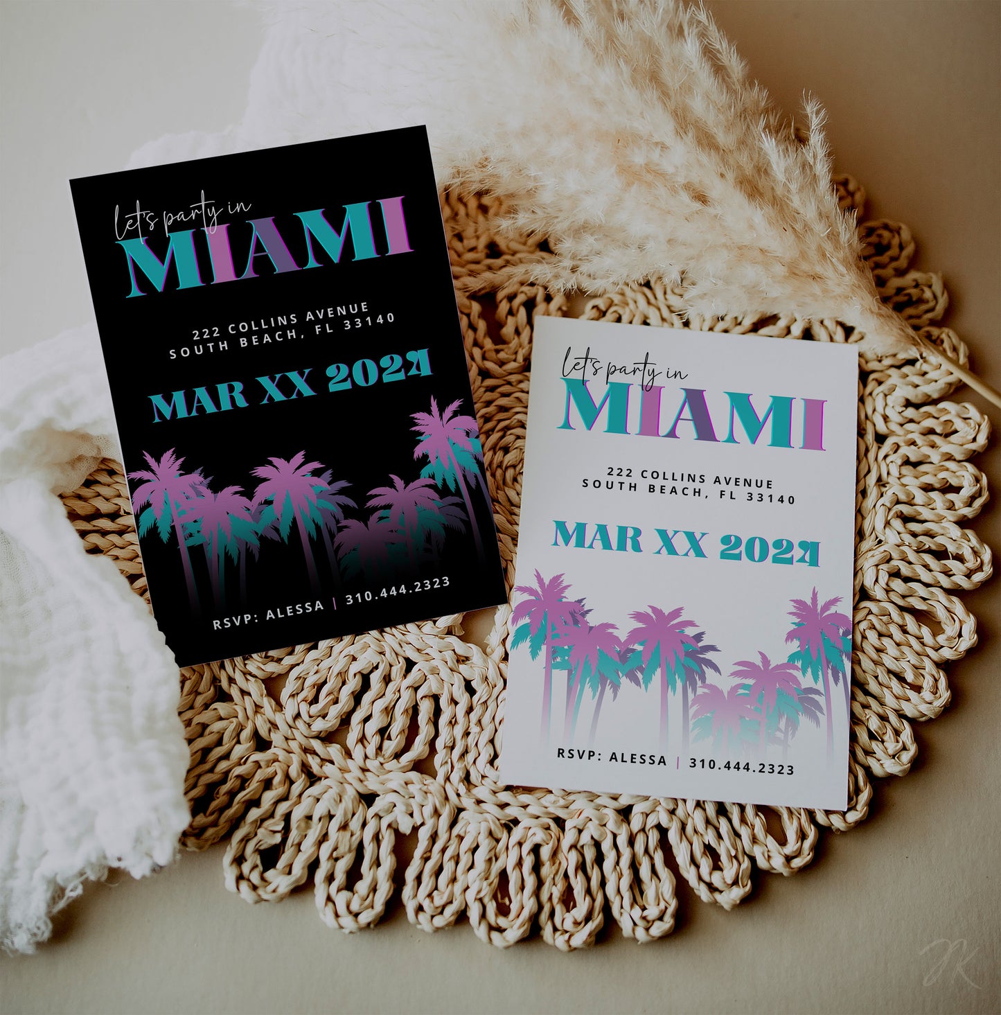 Miami Party Invite | Bachelorette Celebration | Miami Vibes Invitation | Editable Bday Celebration Card | Canva Template | Retro Neon Cards