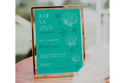 TEAL Sea Aesthetic Birthday Party Bundle | Seashells Starfish Fisherman Bday | 2-in-1 Party Invitation | Editable Canva Invite | DIY Digital