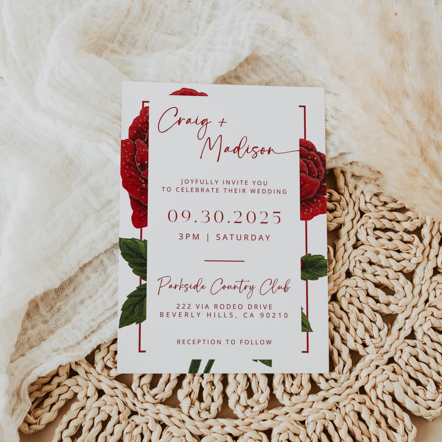 Modern Faux Embellished Rose Wedding Invites | Oscar De La Inspired | Red Roses Bridal Signage DIY | Luxury Wedding | Canva Pro Invitations