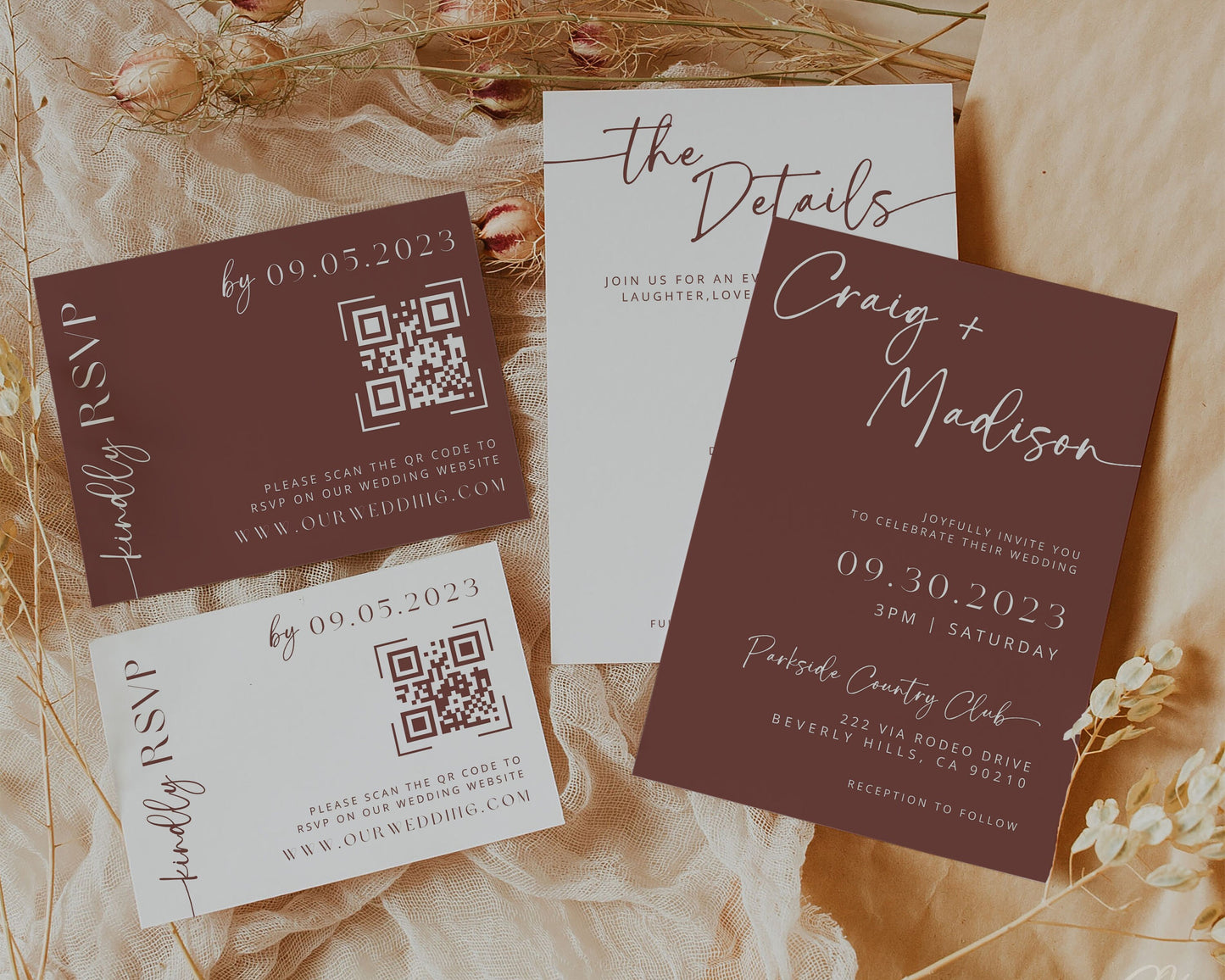 Plum Wine Wedding Invitation Suite | Modern Editable Template with RSVP QR Code | DIY Printable Wedding Set | Purple Wedding | Burgundy Boho