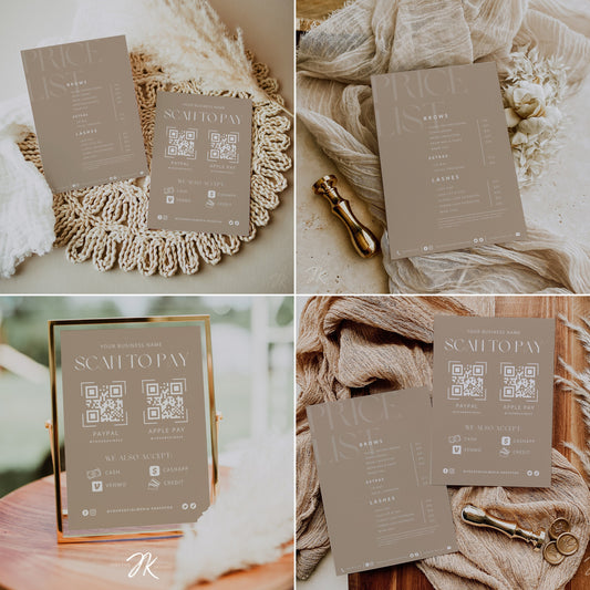 Boho Small Business Price List and Scan to Pay Bundle | Boho Minimalist DIY | Boho Printable | Salon Accept Payments |  Craft Fair Templates