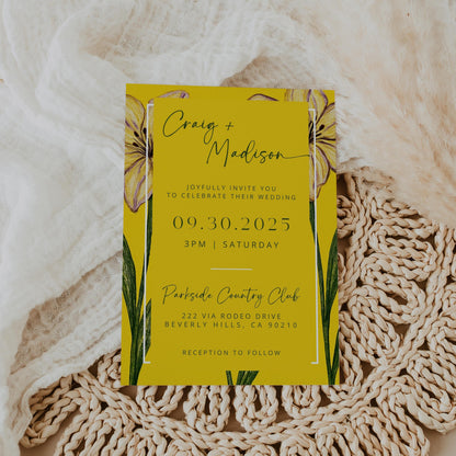 Summer Iris in Bloom Wedding Invites | Oscar De La Inspired | Yellow Floral Bridal Signage DIY | Luxury Wedding | Elegant Canva Invitation