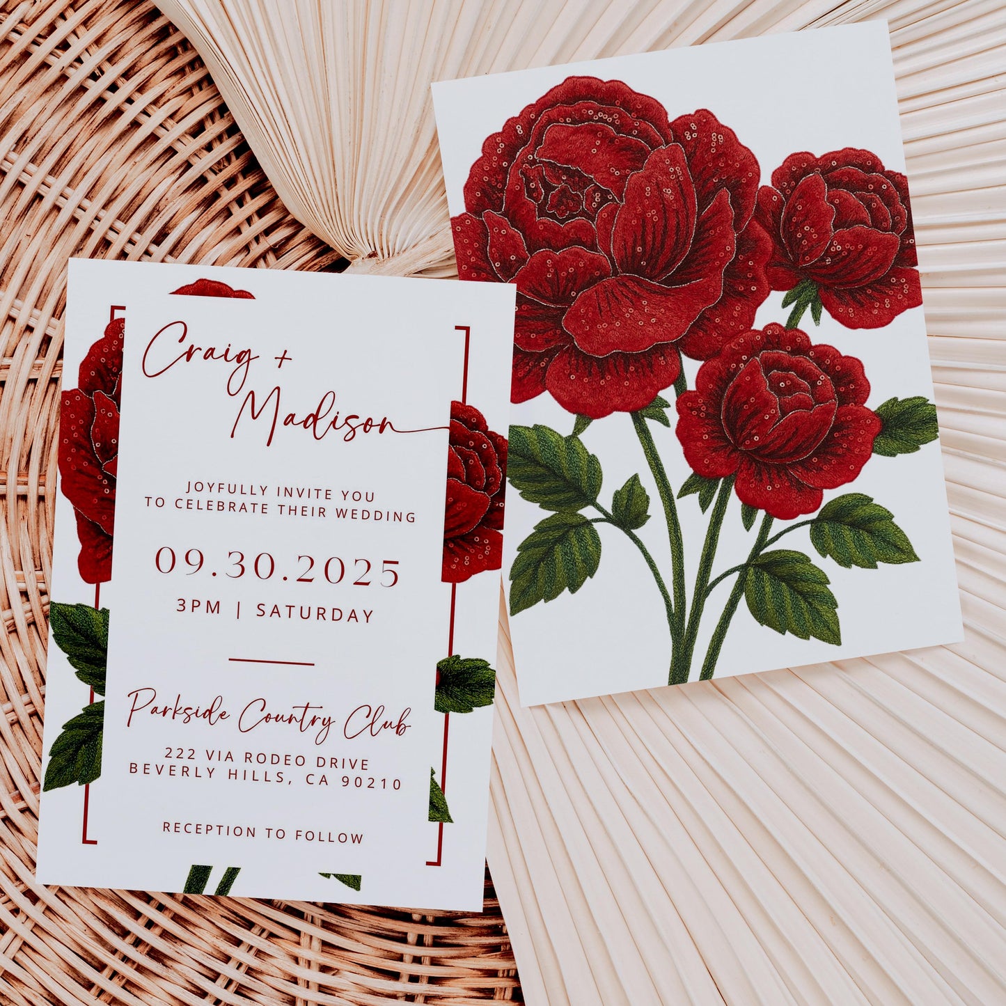 Modern Faux Embellished Rose Wedding Invites | Oscar De La Inspired | Red Roses Bridal Signage DIY | Luxury Wedding | Canva Pro Invitations