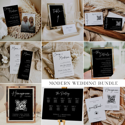 Minimalist Wedding MEGA Bundle | Black & White Signs | Modern RSVP and Place Cards | Ceremony Programs and Menus | Editable Canva Pro Invite