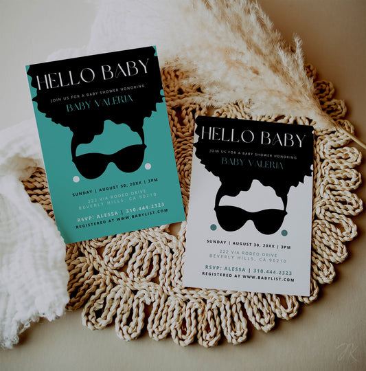 Breakfast at Tiff Baby Shower Invite Bundle | Audrey Inspired Baby Shower Card | Afro Black Girl Party | Canva Template | Teal Baby Card DIY