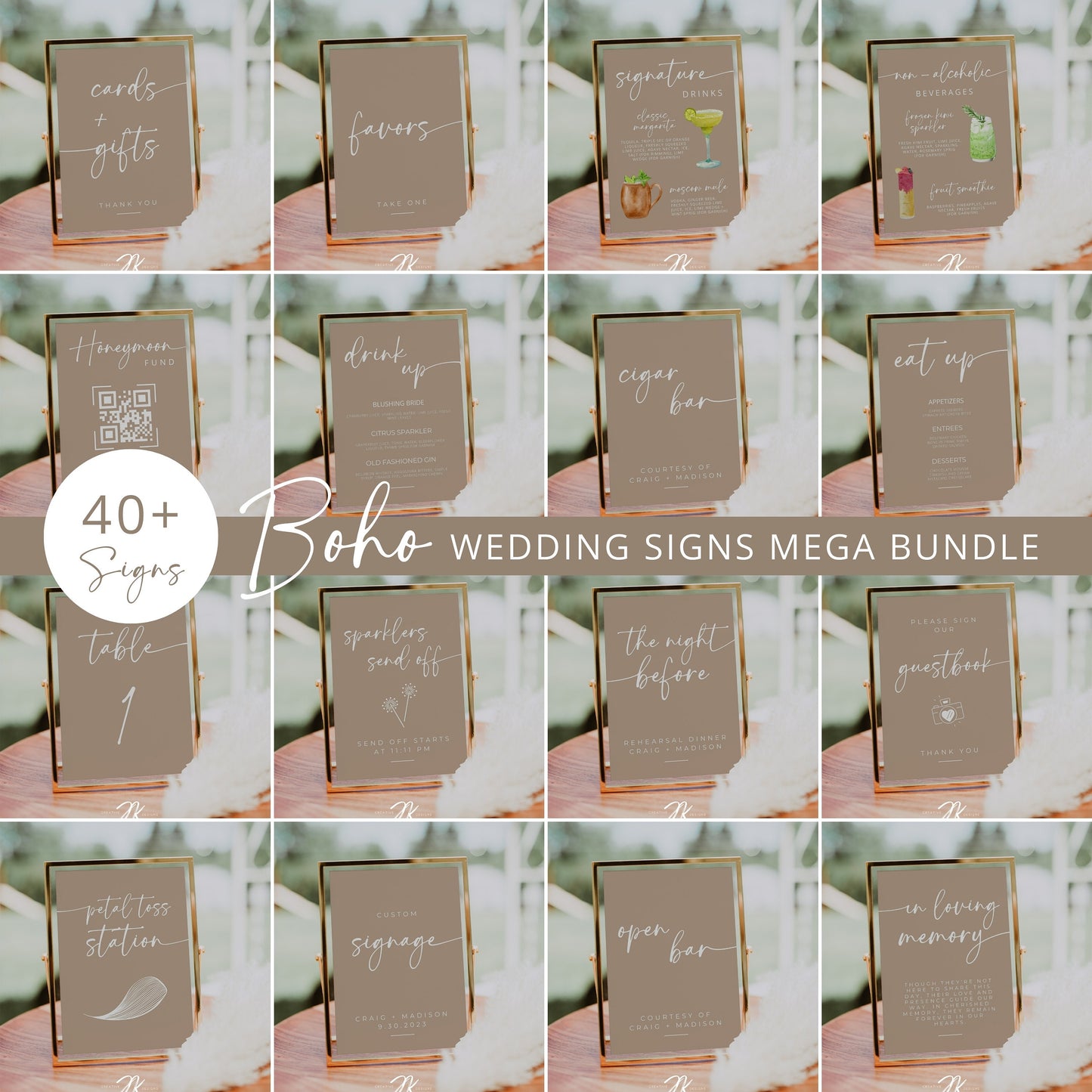 BOHO Wedding Decor Sign Mega Bundle | Beige and White Wedding | Editable CANVA PRO Templates | Signature Drinks | Honeymoon Fund | Invites