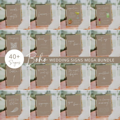 BOHO Wedding Decor Sign Mega Bundle | Beige and White Wedding | Editable CANVA PRO Templates | Signature Drinks | Honeymoon Fund | Invites