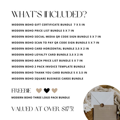 Modern Boho MEGA Business Brand Bundle | QR Codes, Price Lists, Business Cards, and More! | Editable in Canva Pro | FREEBIE Logo Packages