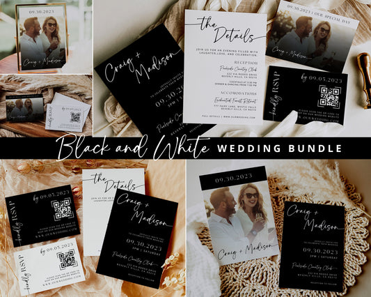 Minimalist Black and White Wedding Invitation Suite | Modern Editable Template with RSVP QR Code | DIY Printable Wedding Set | Canva Bundle