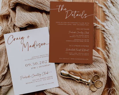 Desert Boho Wedding Invitation Suite | Modern Editable Template with RSVP QR Code | DIY Printable Wedding Set | Rustic Wedding | Terracotta