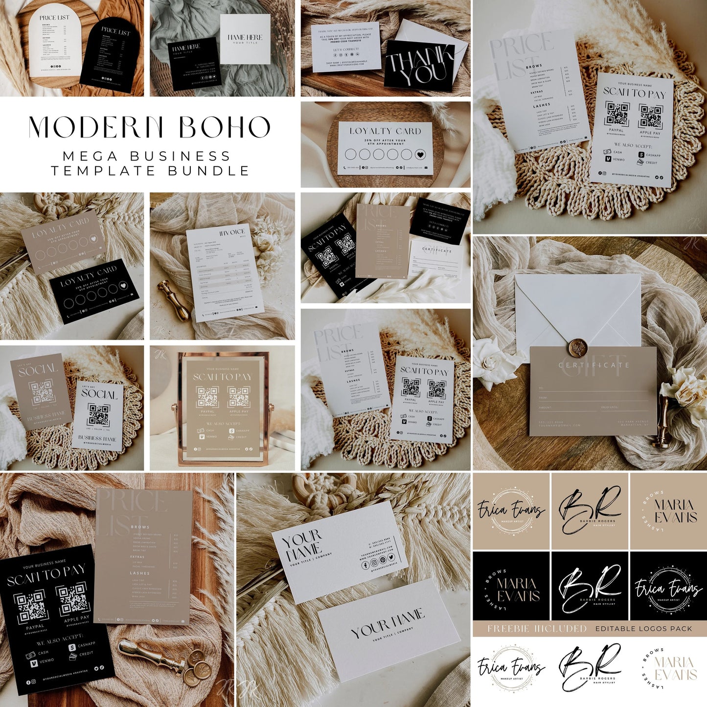 PLR/MRR Master Resell Rights Bundle | Modern Boho MEGA Business Brand Canva Bundle | QR Codes, Price Lists, Business Cards & More
